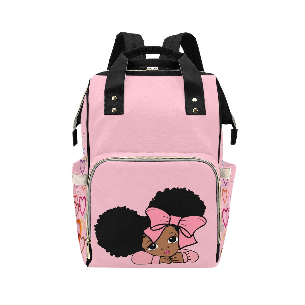 Personalize Optional - Designer Diaper Bags - African American Baby Girl With Afro Pigtails Powder Pink - Waterproof Multi-Function Backpack