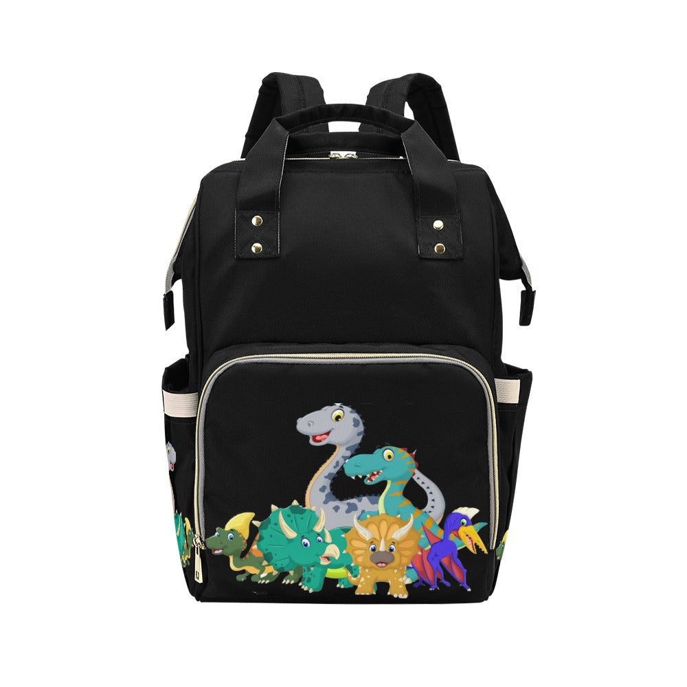 Designer Baby Bag With Cute Cartoon Dinosaurs - Waterproof Multifunction Backpack in Black