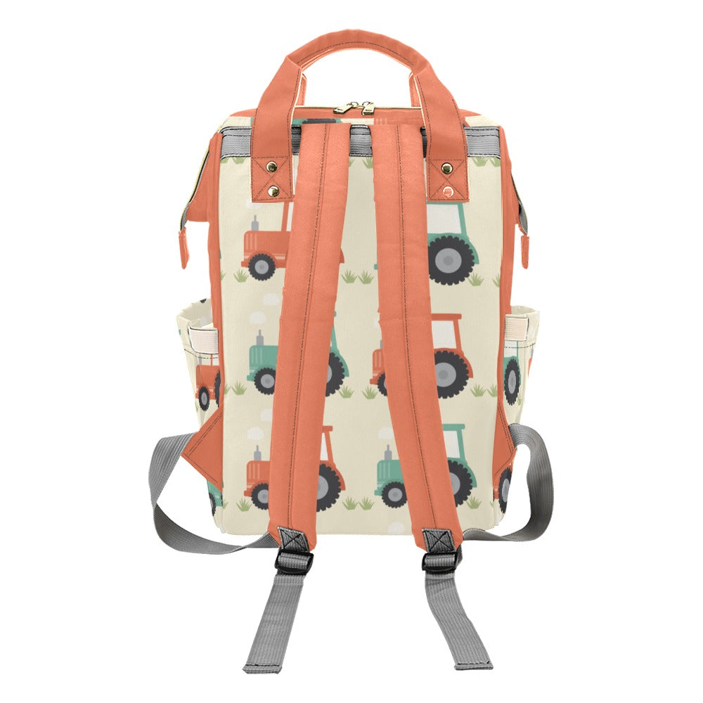 Designer Baby Bag Backpack - Tractors And Farm In Orange Tones Multi-Function Backpack