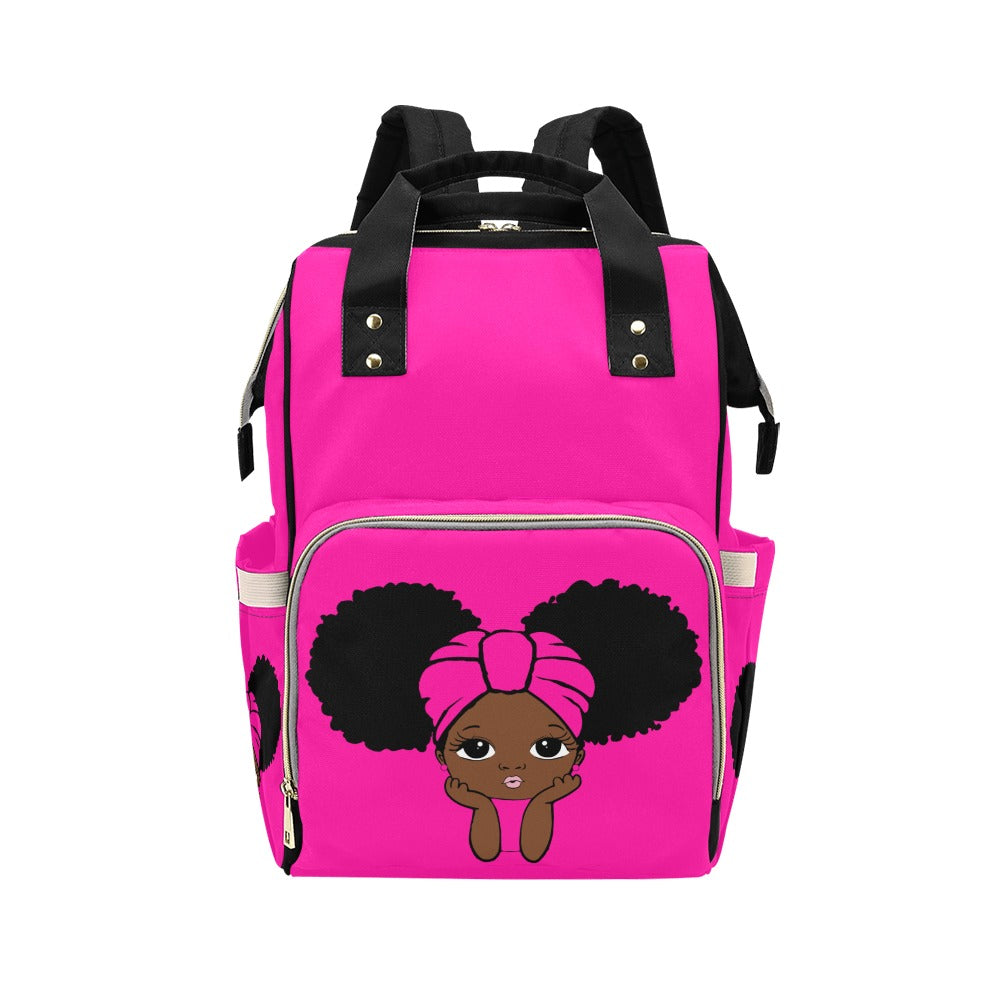Designer Diaper Bags - African American Baby Girl With Natural Afro Pigtails And Head Wrap Hot Pink