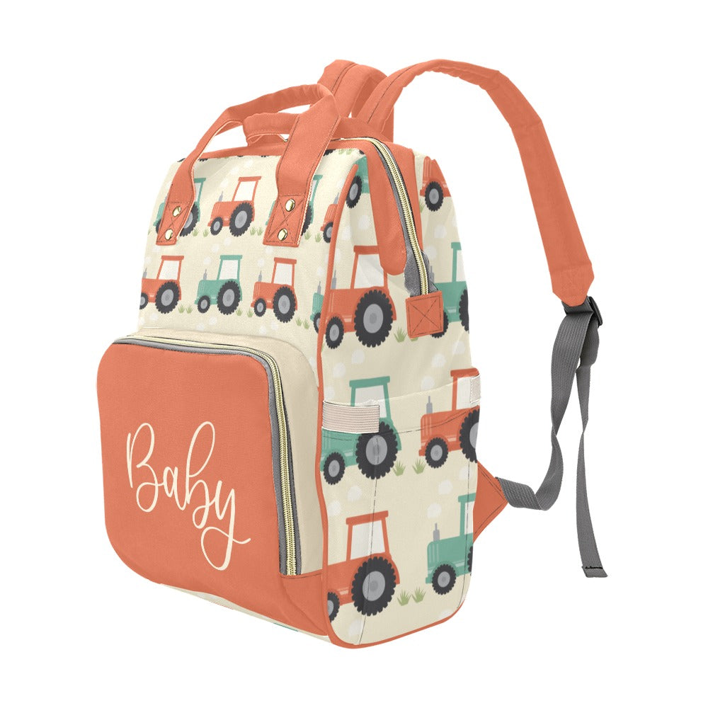 Designer Baby Bag Backpack - Tractors And Farm In Orange Tones Multi-Function Backpack