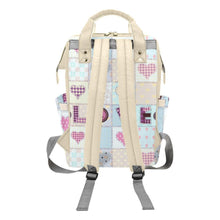 Load image into Gallery viewer, Designer Diaper Bag - Soft Tan Blue and Pink LOVE Quiltwork Diaper Bag Backpack