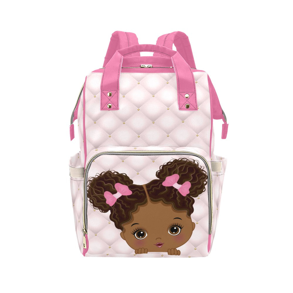 Cute African American Baby Girl With Natural Pigtails And Pink Bows On Tufted Design Diaper Bag Backpack