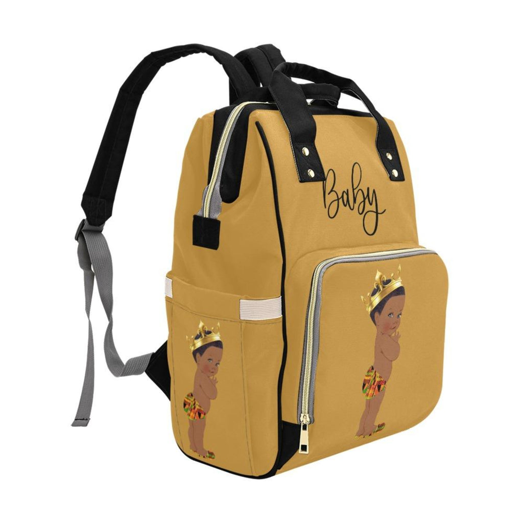 Designer Diaper Bag - Ethnic King African American Baby Boy - Khaki Gold Multi-Function Backpack