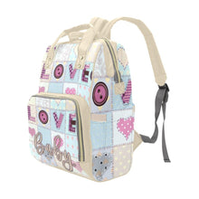 Load image into Gallery viewer, Designer Diaper Bag - Soft Tan Blue and Pink LOVE Quiltwork Diaper Bag Backpack