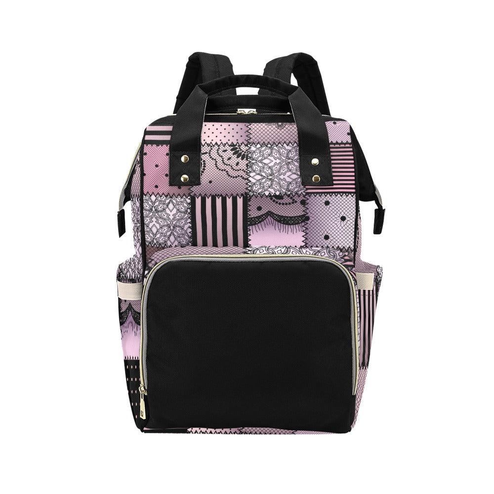 Designer Diaper Bag - Soft Pink and Black Quiltwork Diaper Bag Backpack