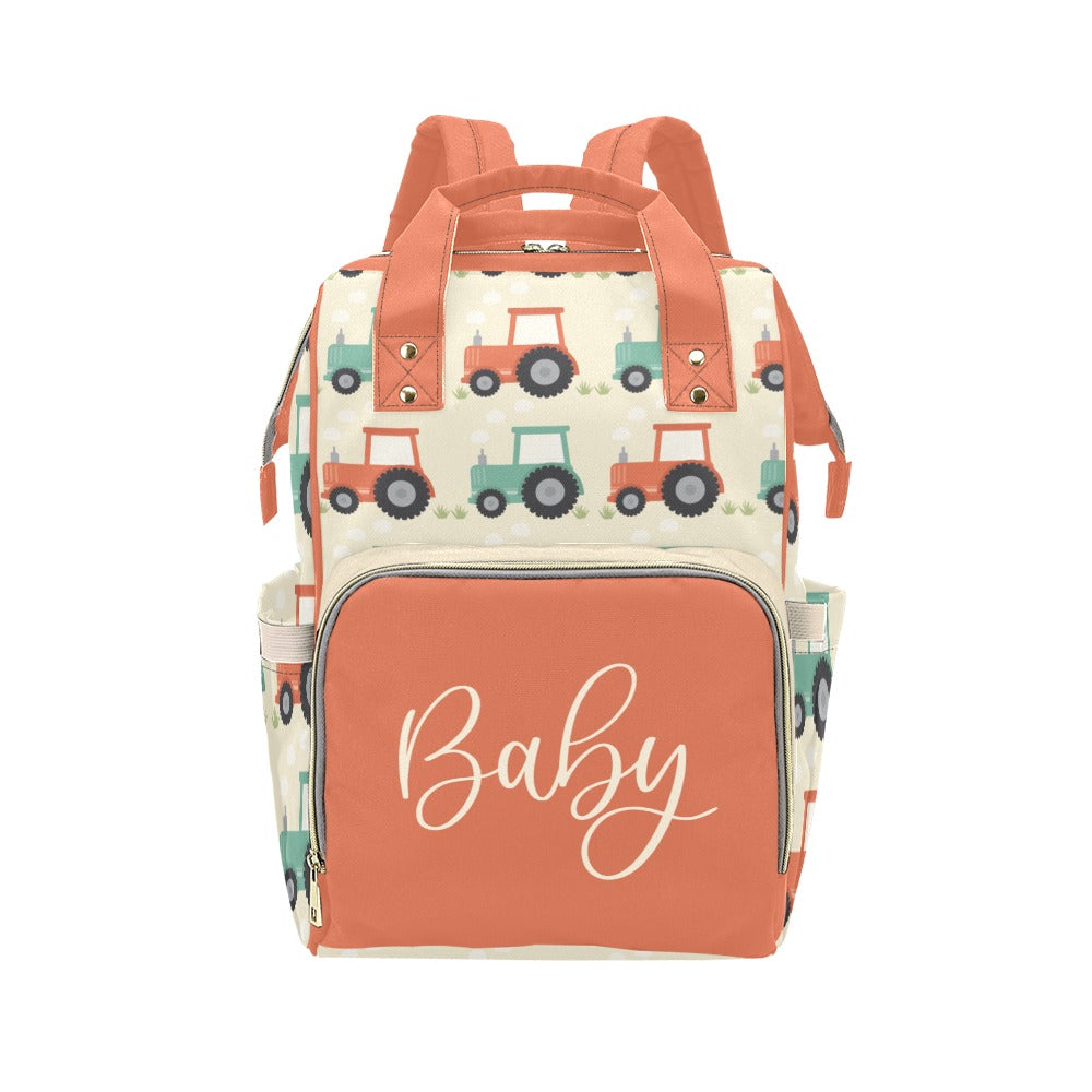 Designer Baby Bag Backpack Tractors And Farm In Orange Tones
