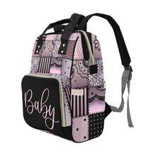 Load image into Gallery viewer, Designer Diaper Bag - Soft Pink and Black Quiltwork Diaper Bag Backpack