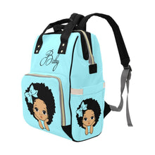 Load image into Gallery viewer, Designer Diaper Bag Lighter Skin African American Girl Electric Blue Waterproof Diaper Bag Backpack