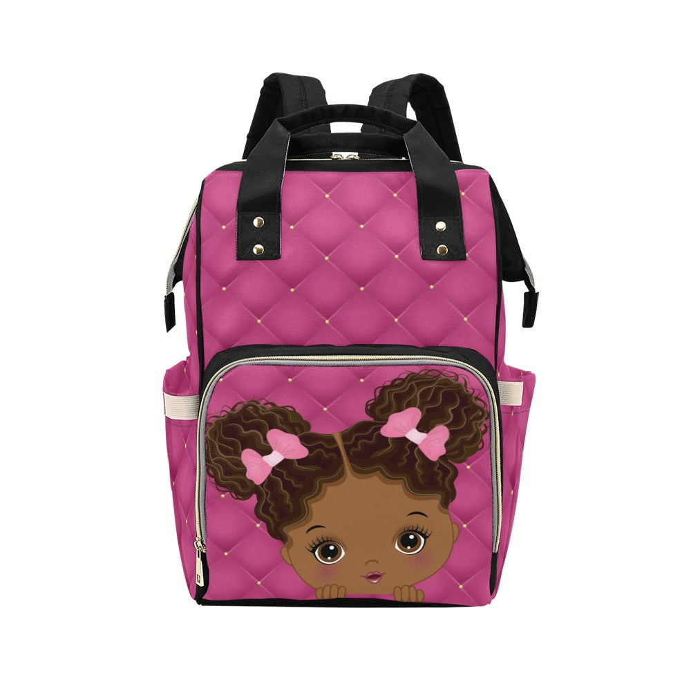 Cute African American Baby Girl With Natural Pigtails And Pink Bows On Hot Pink Tufted Design Multi-Function Backpack