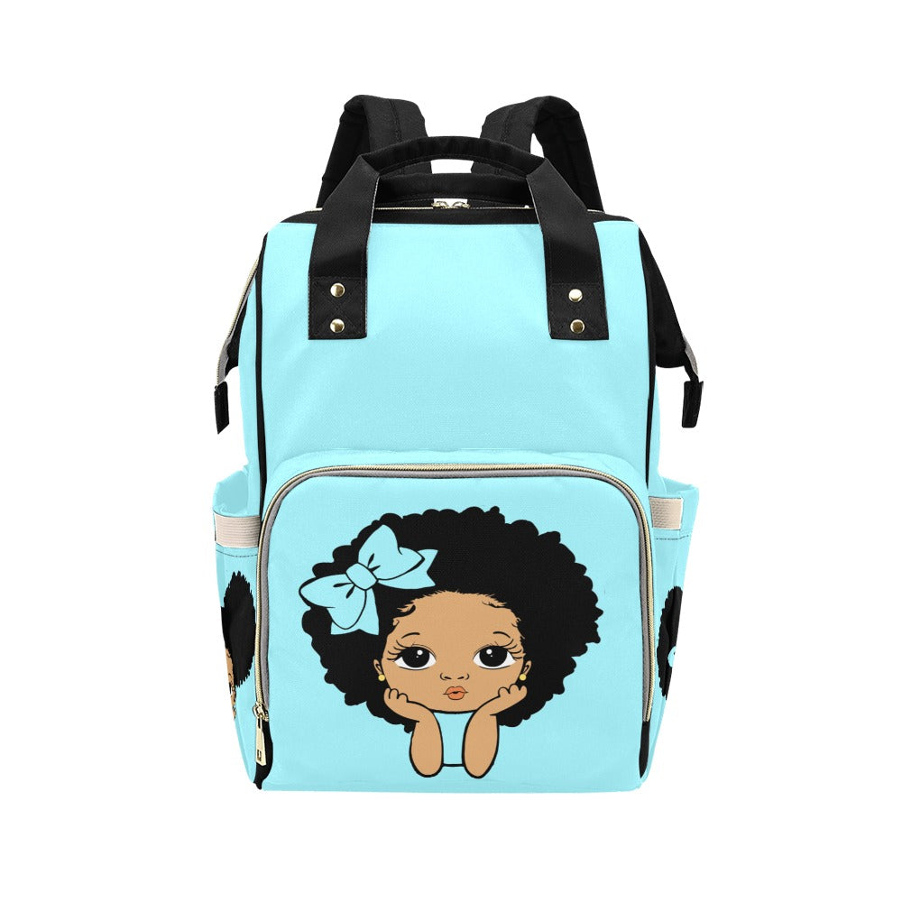 Designer Diaper Bag Lighter Skin African American Girl Electric Blue Waterproof Diaper Bag Backpack