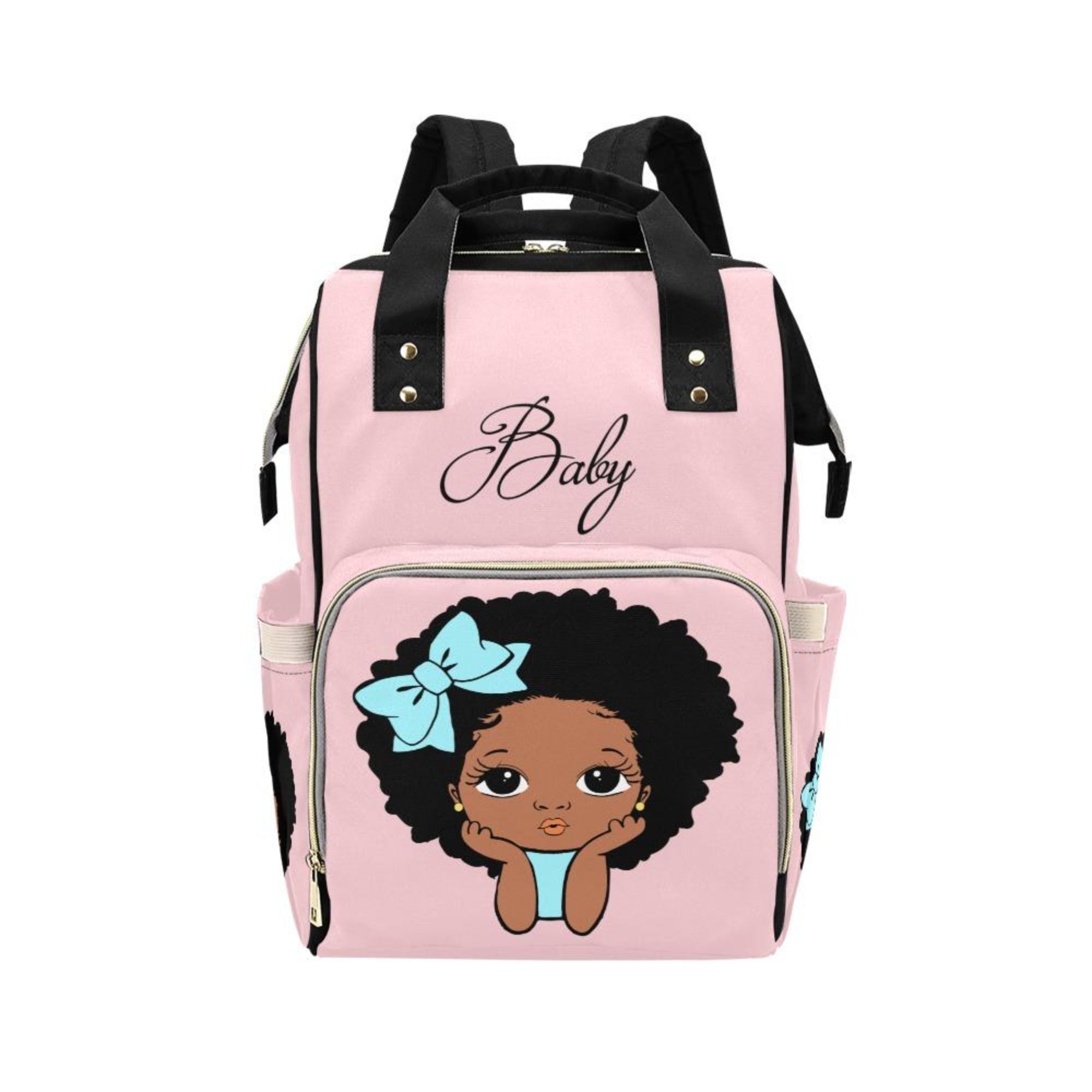 Designer Diaper Bags - African American Baby Girl Natural Curls And Electric Blue Bow On Pink