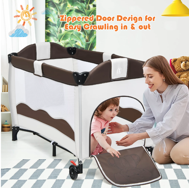 Portable Infant Baby in Crib-Playpen-Bassinet Bed in Coffee