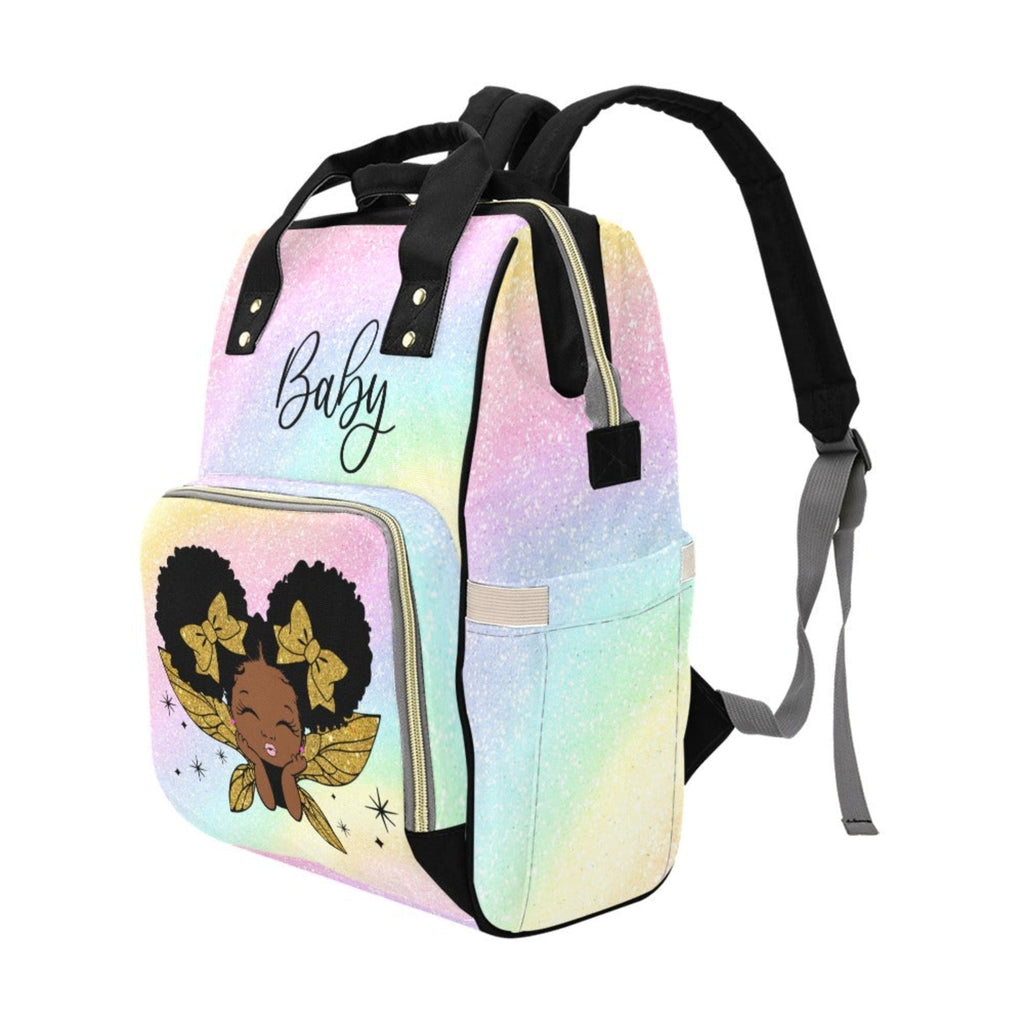 Cutest African American Baby Girl Gold Glitter Angel Custom Diaper Bag - Black Multi-Function Backpack