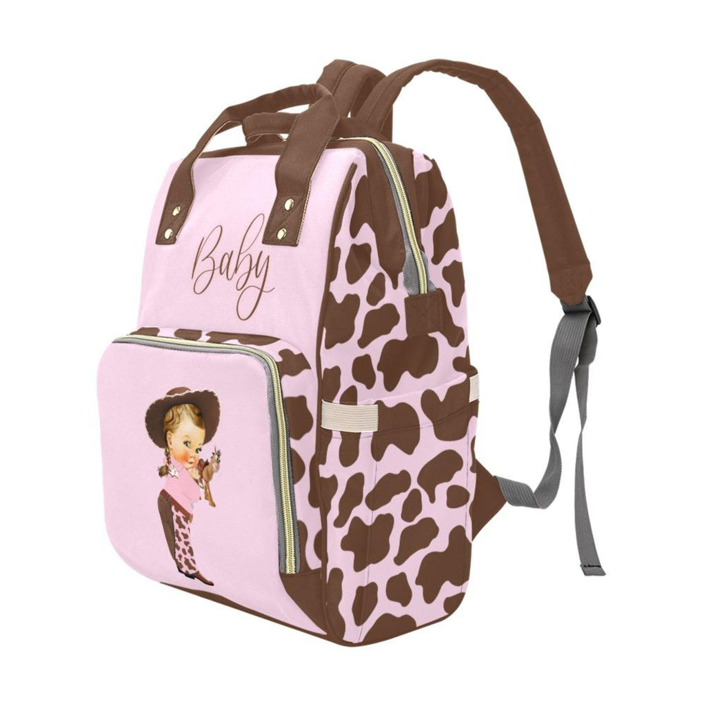 Designer Diaper Bags - Cute Cowgirl With Brown Cow Print On Soft Pink Waterproof Diaper Bag