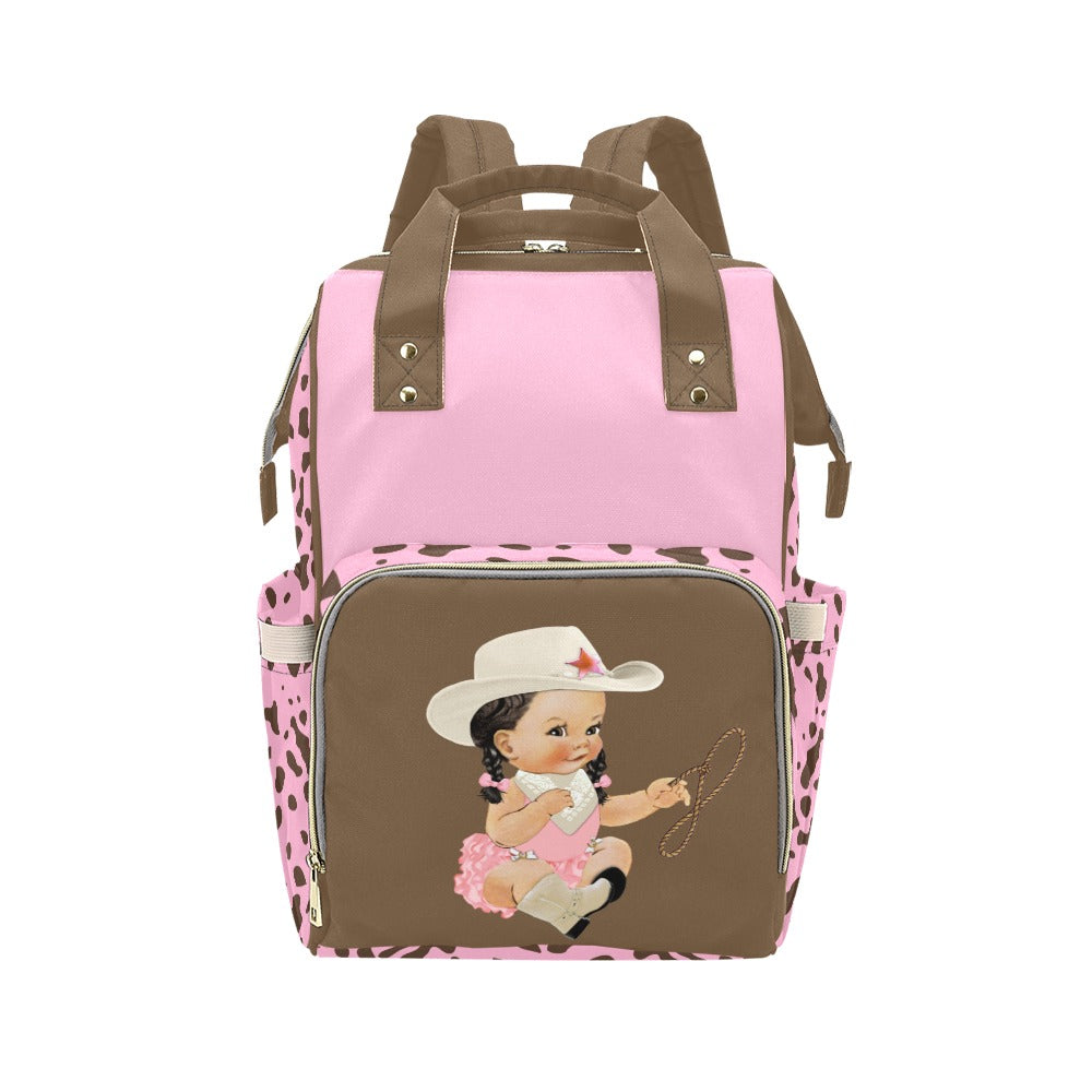 Custom Diaper Bag - Pretty Cowgirl With Braids Brown Cow Print On Baby Pink Backpack Diaper Bag