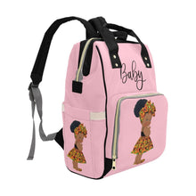 Load image into Gallery viewer, Designer Diaper Bag - Ethnic African American Baby Girl - Powder Pink Multi-Function Backpack