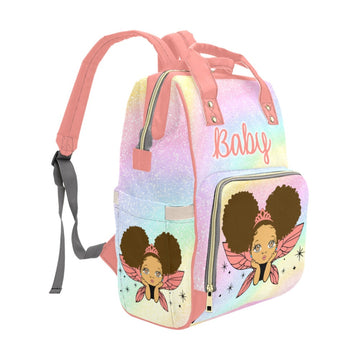 Biracial - Multi-Racial Pretty Eyes Baby Girl Fairy Princess Rainbow Coral Diaper Bag Backpack