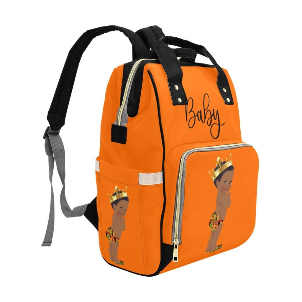 Designer Diaper Bag - Ethnic King African American Baby Boy - Orange Multi-Function Backpack