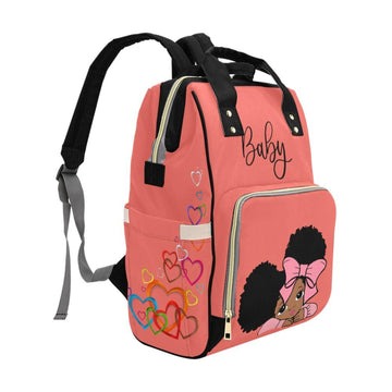 Designer Diaper Bag - African American Baby Girl With Afro Pigtails Coral Multi-Function Backpack