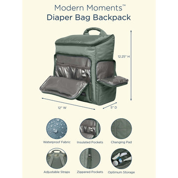 Modern Moments by Gerber Diaper Bag with Changing Station & Insulated Pocket, Green