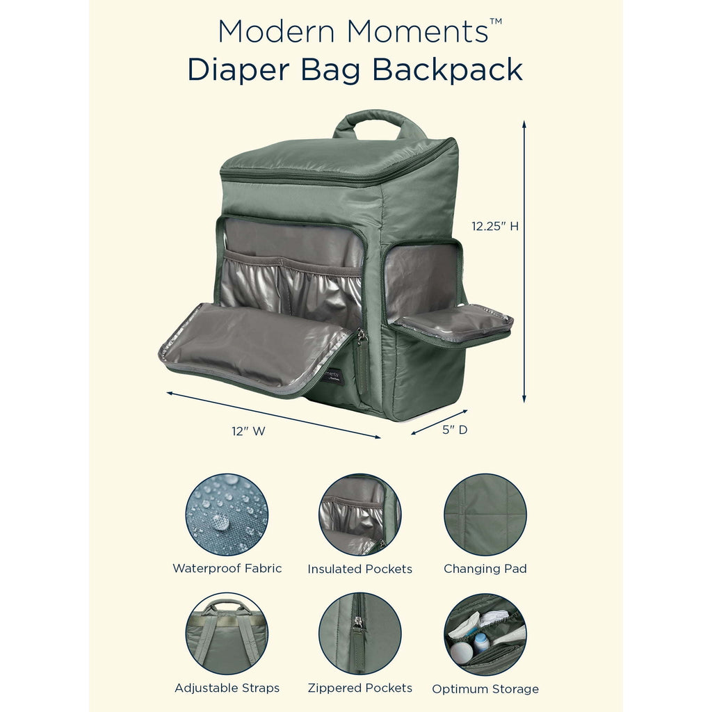 Modern Moments by Gerber Diaper Bag with Changing Station & Insulated Pocket, Green