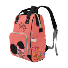 Load image into Gallery viewer, Designer Diaper Bag - African American Baby Girl With Afro Pigtails Coral Multi-Function Backpack