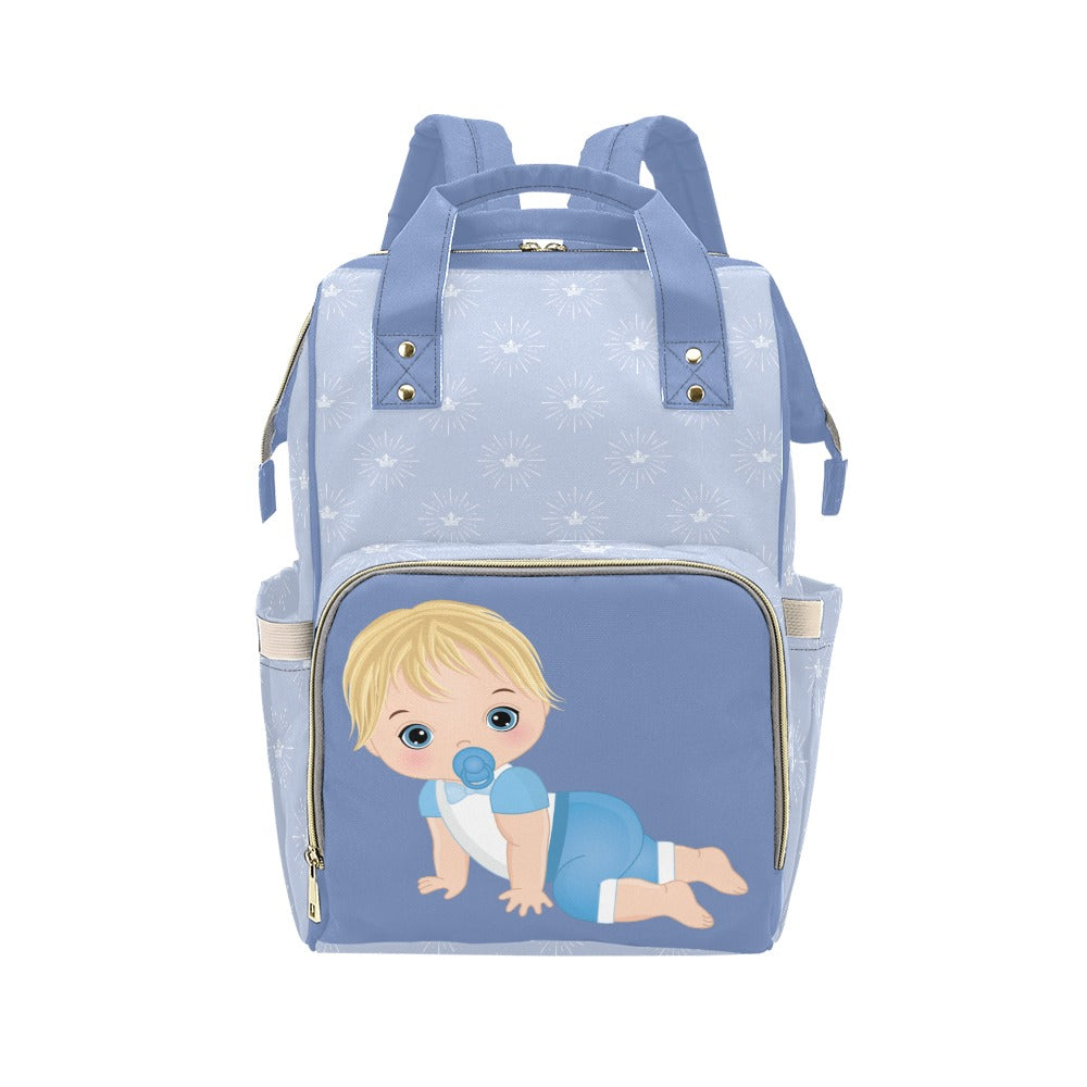 Custom Diaper Bag - Backpack Diaper Bag - Cute Blonde Baby Boy In Blue Diaper Bag