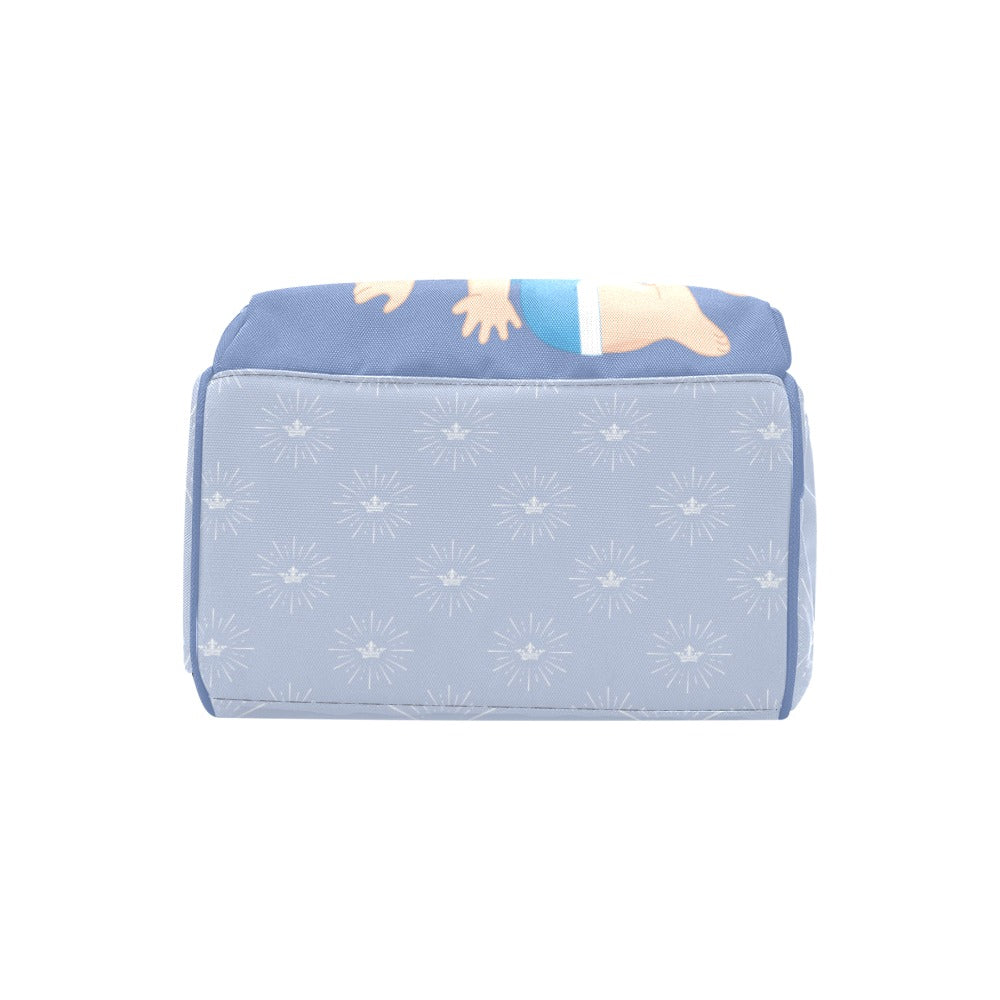 Custom Diaper Bag - Backpack Diaper Bag - Cute Light Brown Hair Baby Boy In Blue Diaper Bag