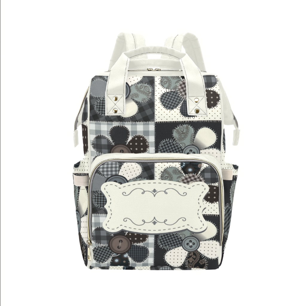 Personalized Diaper Bag Backpack - Patchwork Flower Buttons With Cream Label - Large Capacity and Waterproof