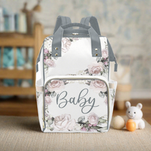 Load image into Gallery viewer, Personalized Faded Vintage Roses With Green Straps, Waterproof Diaper Bag Backpack