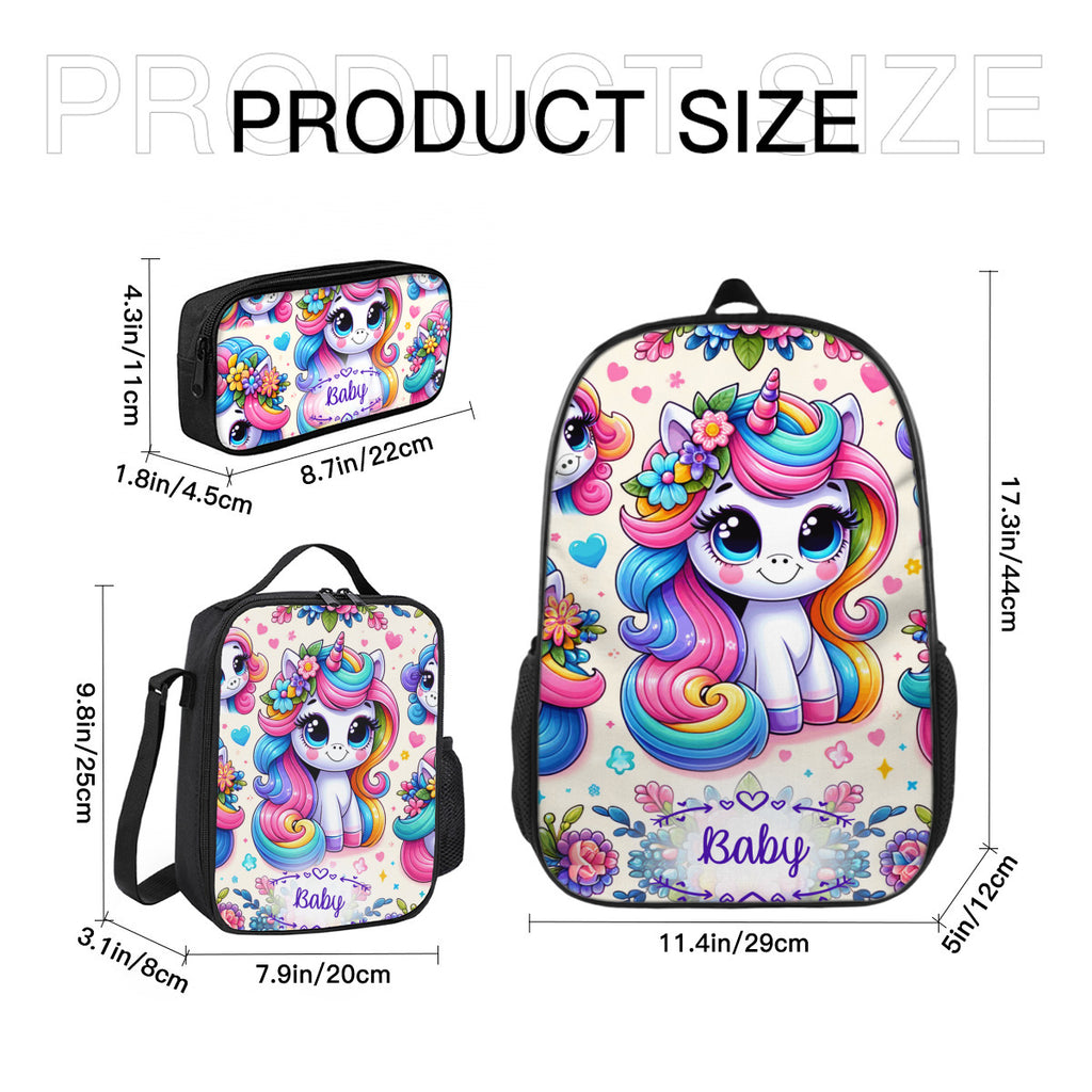 Personalized School Backpack Bag Matching Insulated Lunch Tote Bag Pencil Bag Pouch Set of 3 for School With Rainbow Unicorns Custom Set