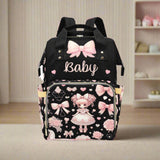 Personalized Diaper Bag, Baby Doll in Pink Bow on Black - Coquette Diaper Bag Waterproof Backpack, Pink Vintage for Girls