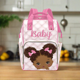 Cute African American Baby Girl With Natural Pigtails And Pink Bows On Tufted Design Diaper Bag Backpack