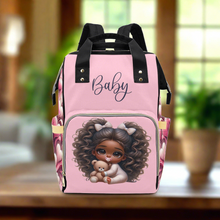 Load image into Gallery viewer, Baby Girl African American Puffy Pigtails in PJs Hearts Diaper Backpack