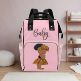 Designer Diaper Bag - Ethnic African American Baby Girl - Powder Pink Multi-Function Backpack