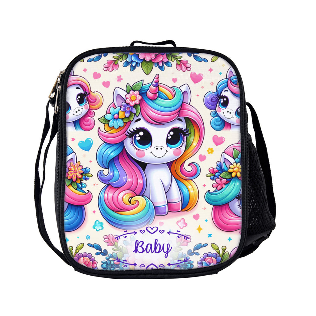 Personalized School Backpack Bag Matching Insulated Lunch Tote Bag Pencil Bag Pouch Set of 3 for School With Rainbow Unicorns Custom Set