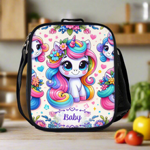 Load image into Gallery viewer, Personalized School Backpack Bag Matching Insulated Lunch Tote Bag Pencil Bag Pouch Set of 3 for School With Rainbow Unicorns Custom Set