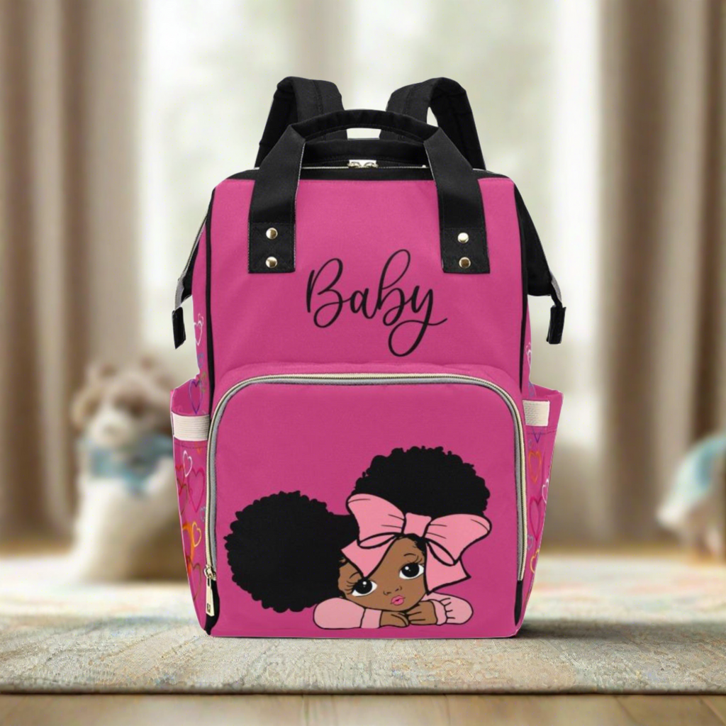 Designer Diaper Bags - African American Baby Girl With Afro Pigtails Hot Pink - Waterproof Multi-Function Backpack