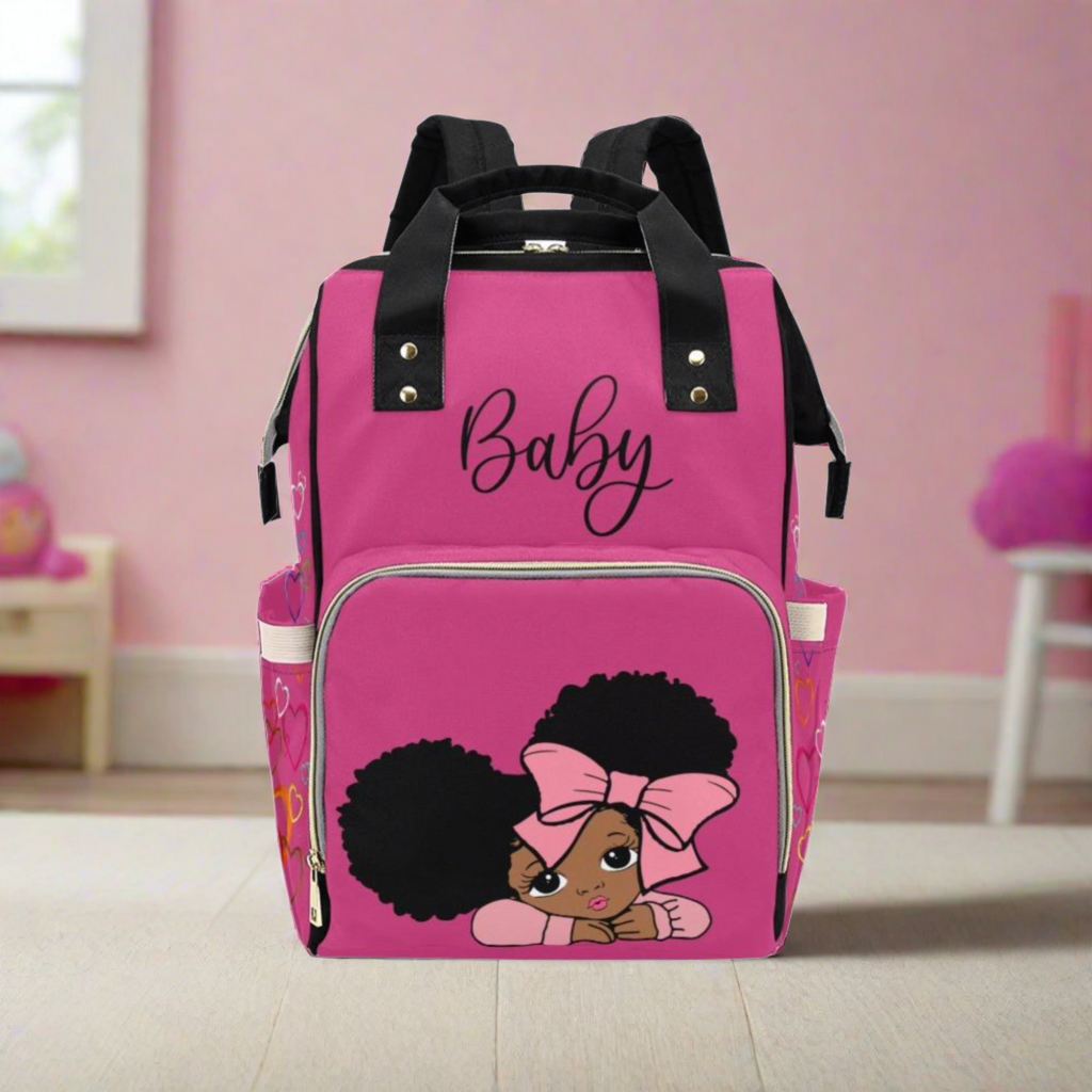 Designer Diaper Bags - African American Baby Girl With Afro Pigtails Hot Pink - Waterproof Multi-Function Backpack