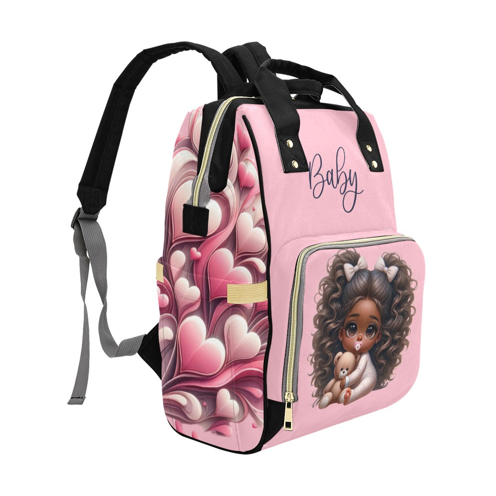 Baby Girl African American Puffy Pigtails in PJs Hearts Diaper Backpack