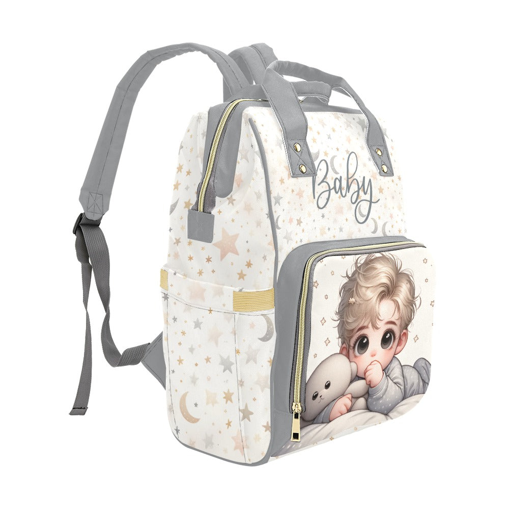 Baby Boy Blonde With Teddy Bear Moons and Stars Diaper Backpack Waterproof Backpack