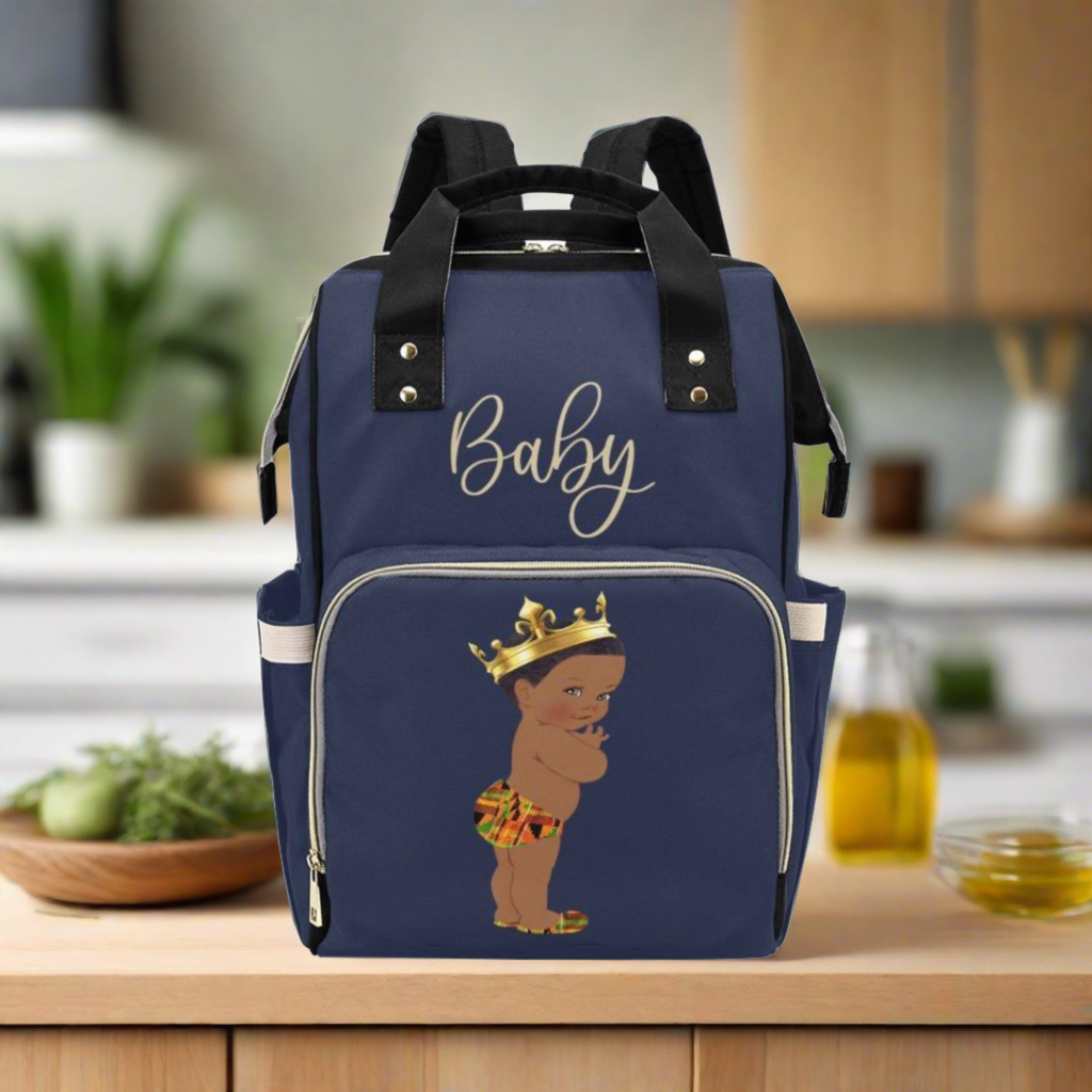 Designer Diaper Bag - Ethnic King African American Baby Boy - Navy Blue Multi-Function Backpack