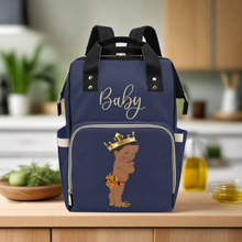 Load image into Gallery viewer, Designer Diaper Bag - Ethnic King African American Baby Boy - Navy Blue Multi-Function Backpack