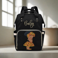 Load image into Gallery viewer, Designer Diaper Bag - Ethnic African American Baby Girl - Waterproof Black Multi-Function Backpack