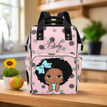 Load image into Gallery viewer, Designer Diaper Bags - African American Baby Girl Baby Pink Polka Dots Blue Bow And Natural Curls Multi-Function Backpack