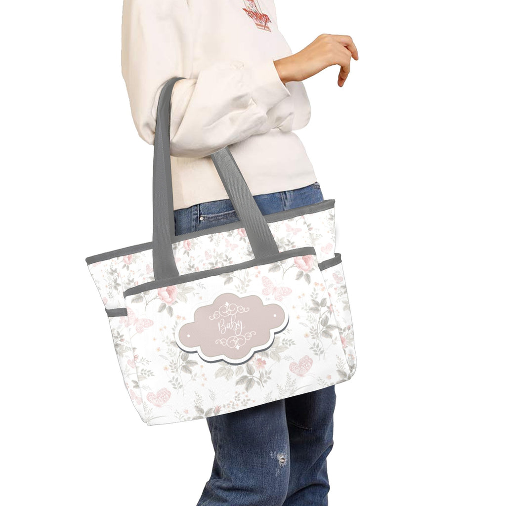 Personalized  Diaper Bag Tote Light Pink Floral and Gray - Waterproof Mommy Bag Tote