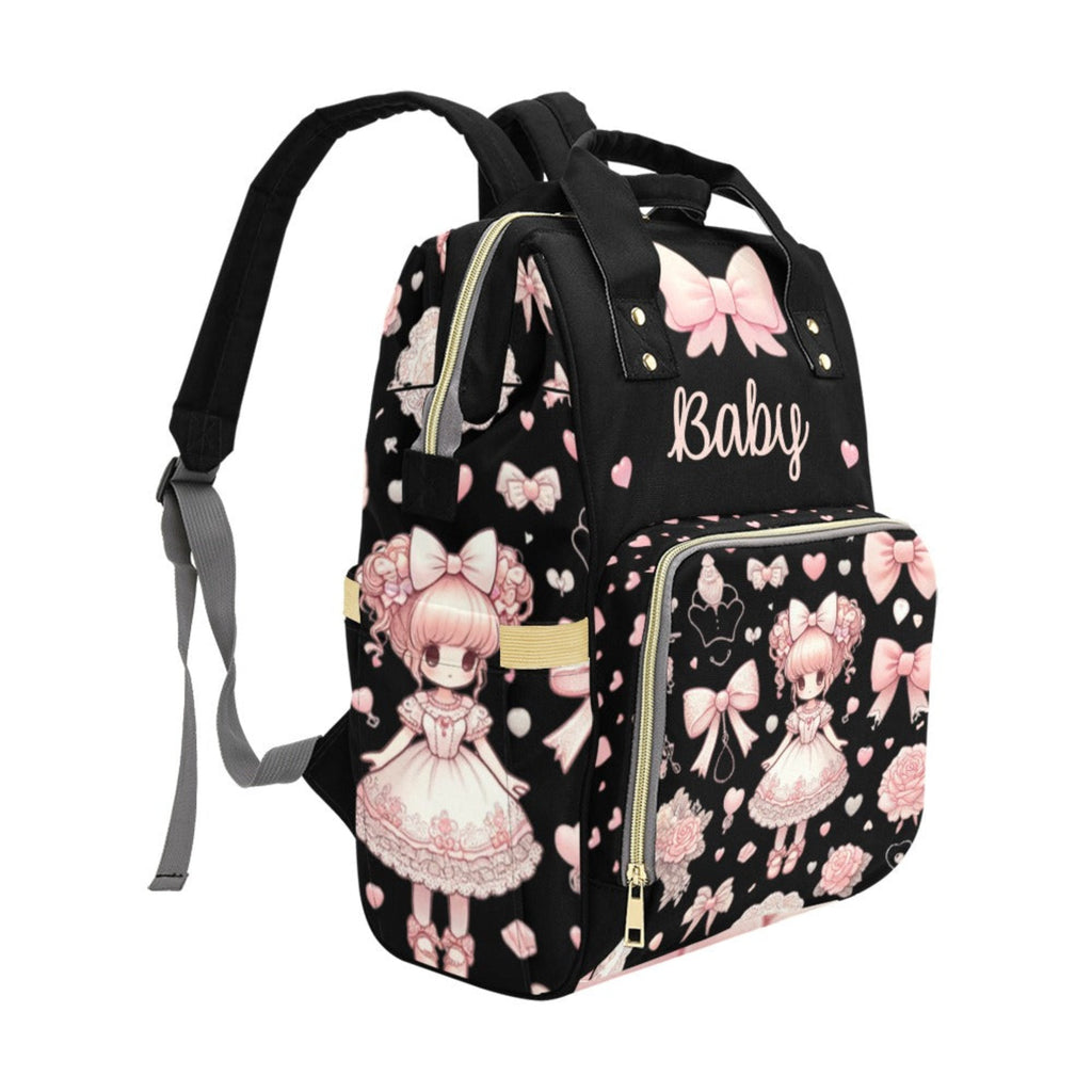 Personalized Diaper Bag, Baby Doll in Pink Bow on Black - Coquette Diaper Bag Waterproof Backpack, Pink Vintage for Girls