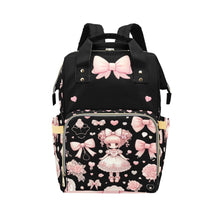 Load image into Gallery viewer, Personalized Diaper Bag, Baby Doll in Pink Bow on Black - Coquette Diaper Bag Waterproof Backpack, Pink Vintage for Girls