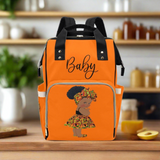 Designer Diaper Bag - Ethnic African American Baby Girl - Orange Multi-Function Backpack